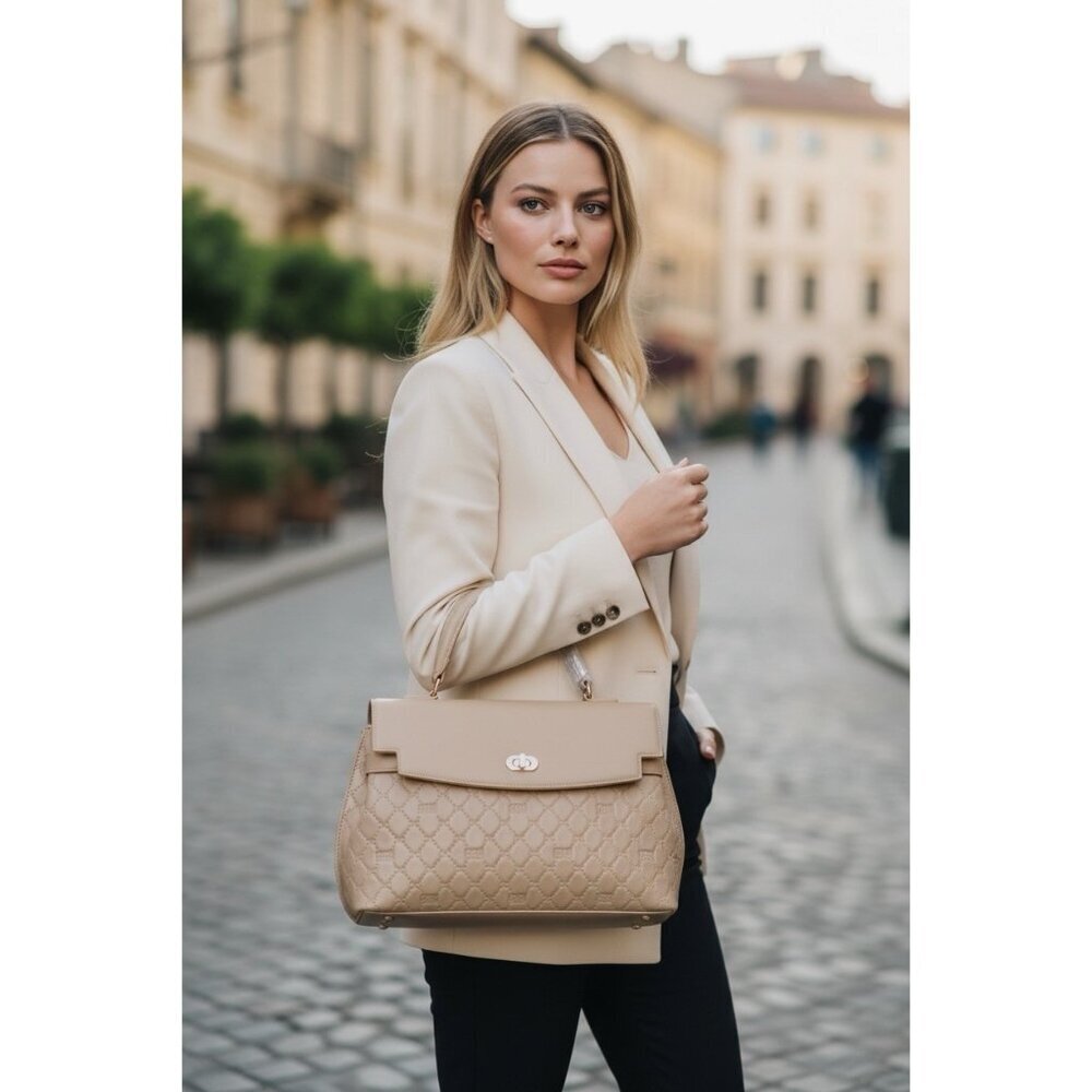 Cavalli Class Tatiana Almond Quilted Satchel Top Handle Minimal Work Tote